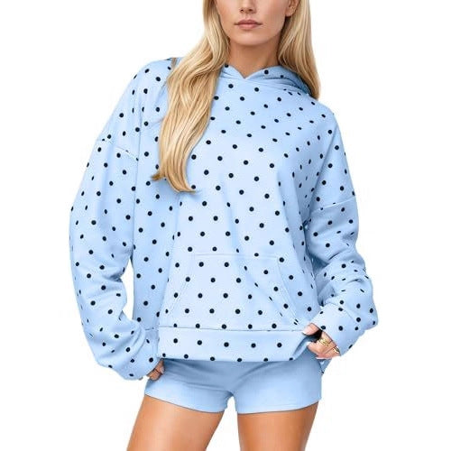 Women Polka Dot Oversized Hoodie with Kangaroo Pocket Chichicherry