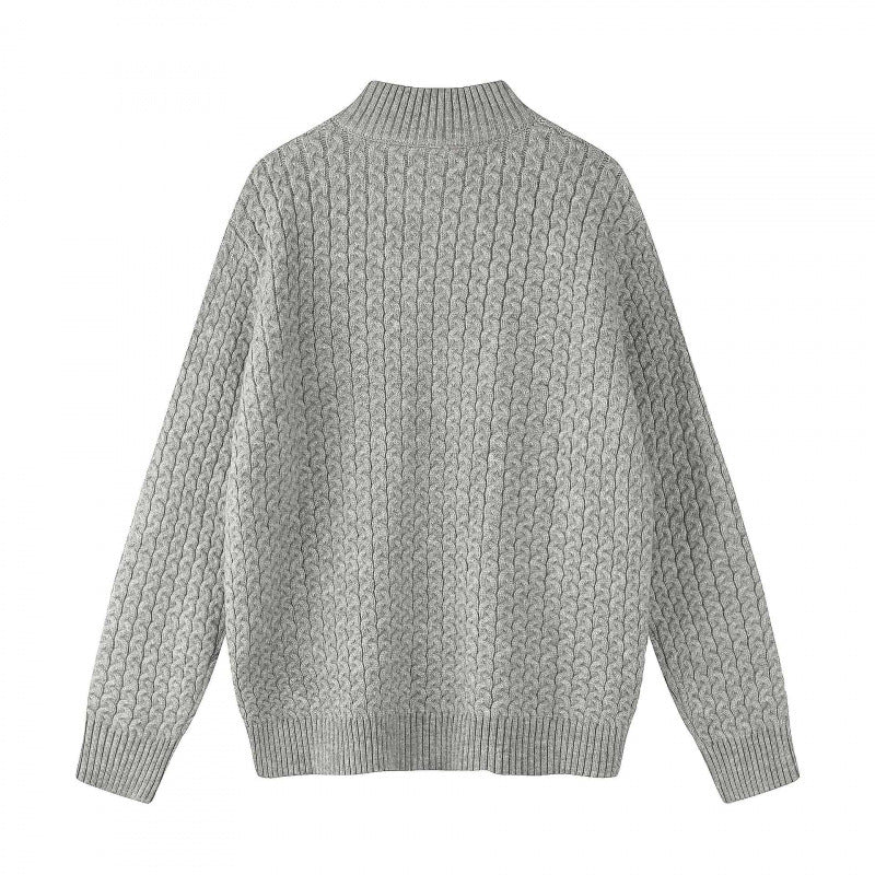 Unisex Boxy Cardigan with Cable Pattern, Stand-up Collar and Two-way Zipper Chichicherry