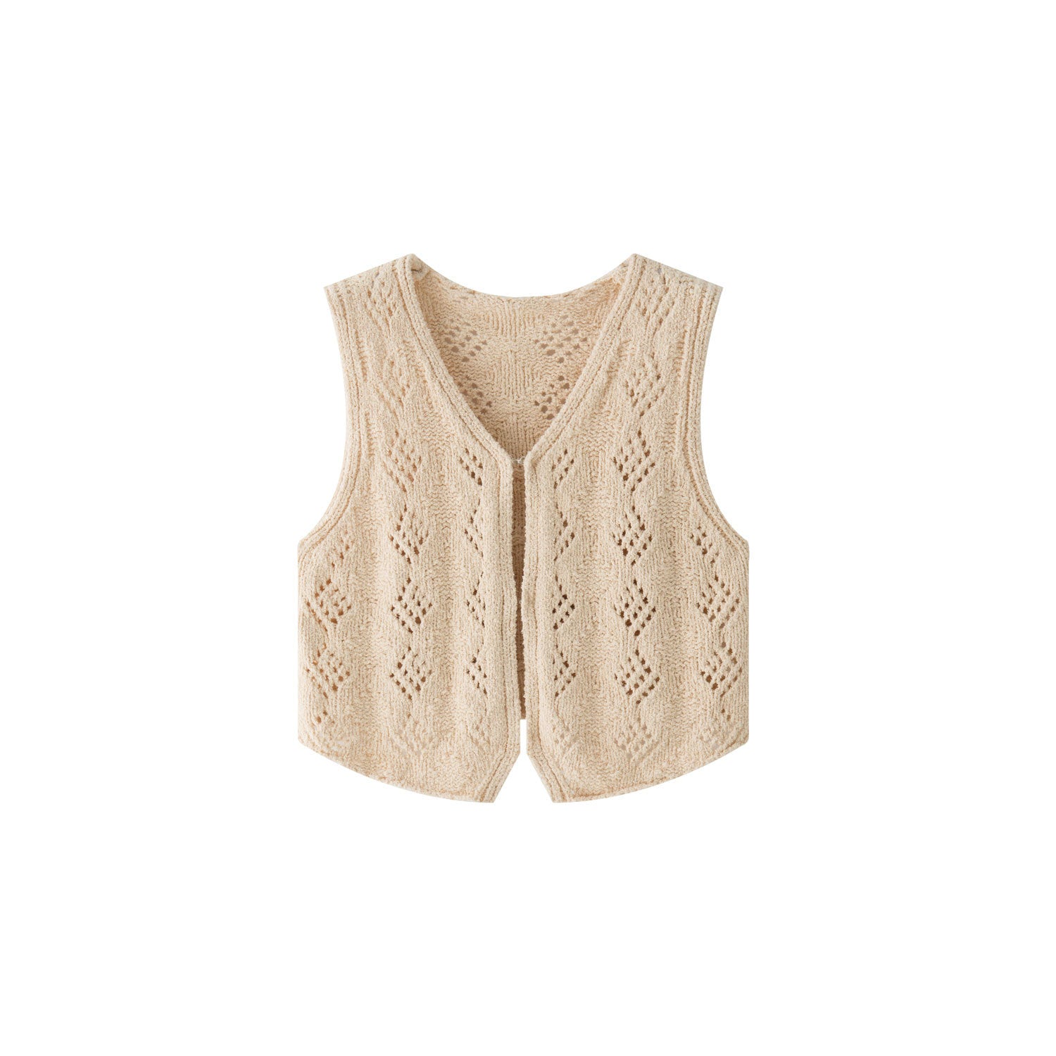 Ladies finely knitted short vest with V-neck, ajour pattern and hook closure Chichicherry