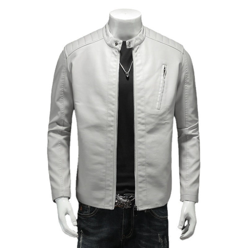 Men's Slim Leather Jacket in Biker Look with Stand-Up Collar and Vertical Chest Pocket Chichicherry
