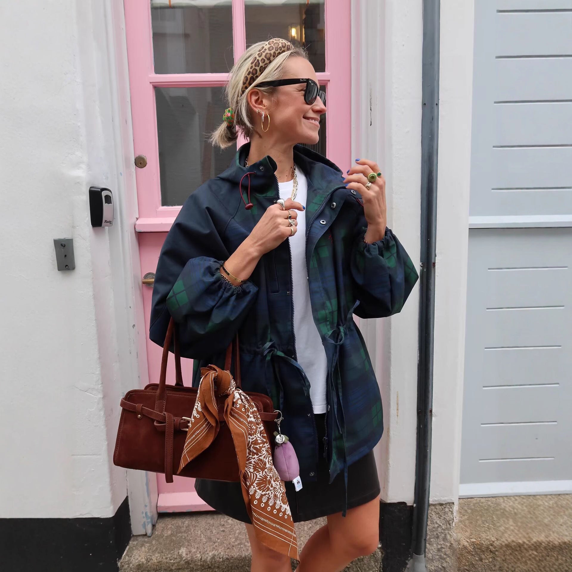 Women's Lightweight Hooded Jacket in Parka Style with Drawstring and Check Pattern Chichicherry