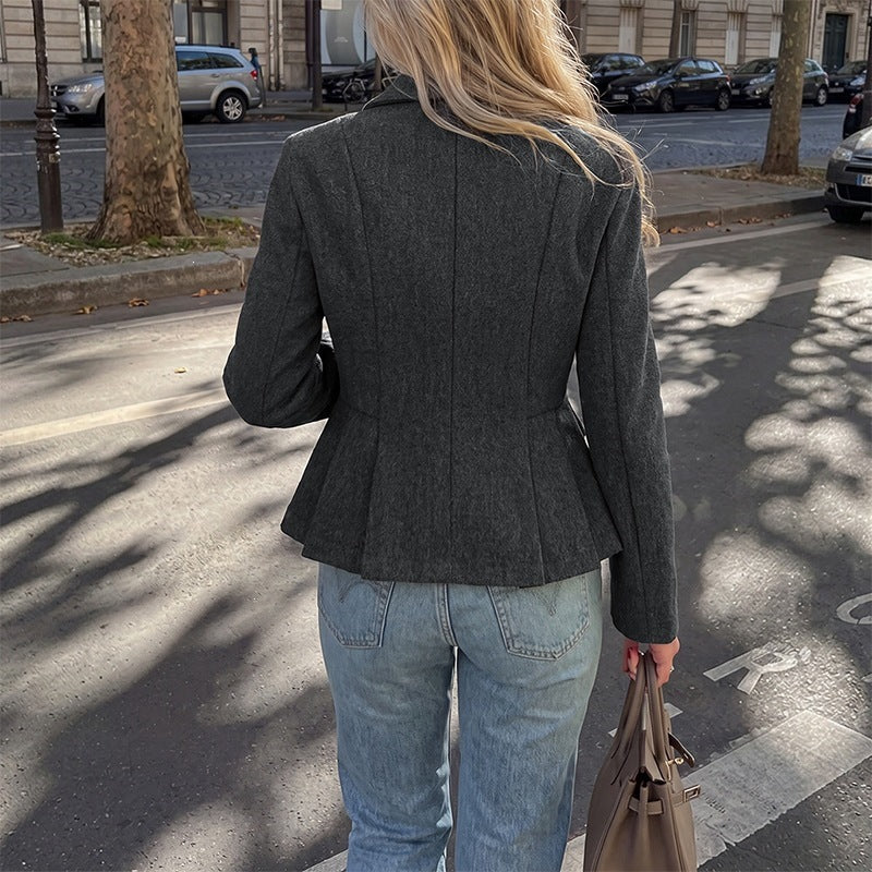 Women's Tailored Double-Breasted Blazer with Peplum, Pleats & Patch Pockets Chichicherry