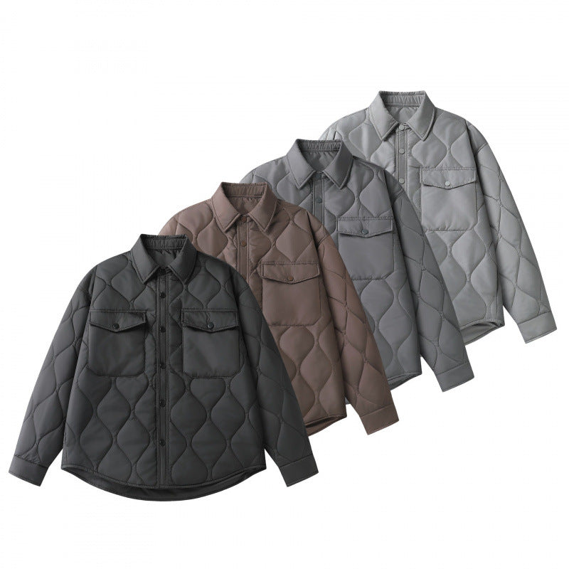 Unisex Padded Quilted Shirt Jacket with Flap Pockets and Curved Hem Chichicherry