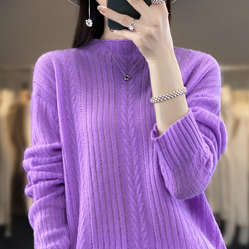 Women Cashmere-like Fine Knit Mock Neck Sweater with Openwork Cable Pattern and Casual Oversized Fit Chichicherry