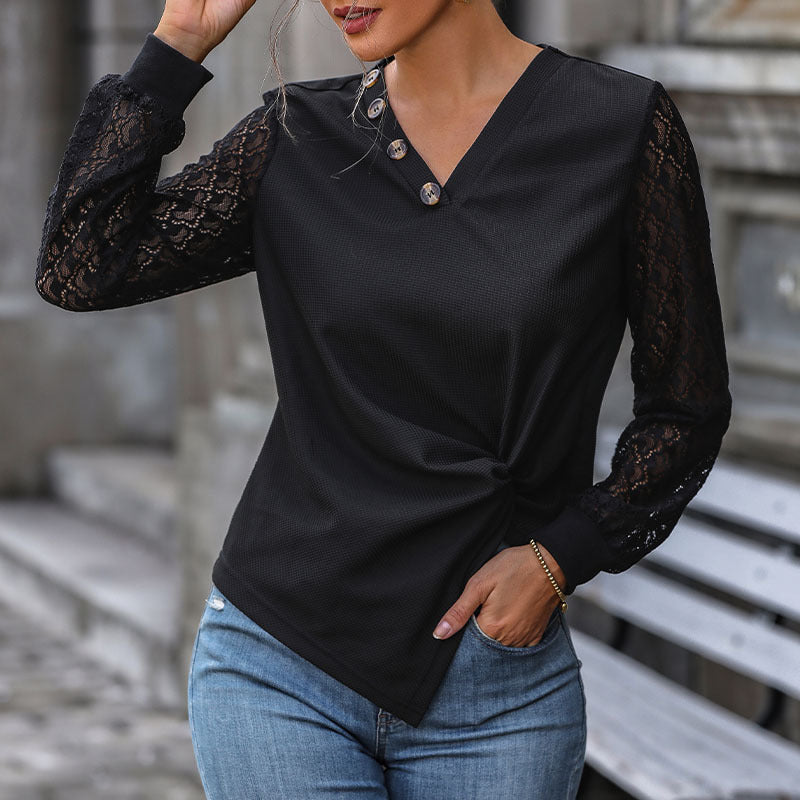 Women's Fitted Long Sleeve Shirt with Lace Sleeves, V-Neck and Knot Front Chichicherry