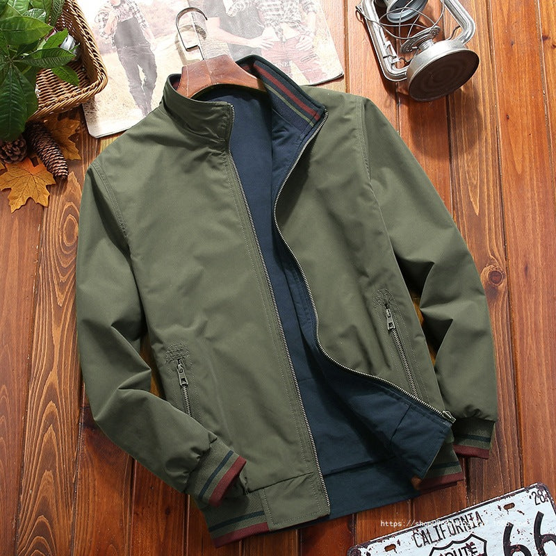 Men's Lightweight Bomber Jacket in Urban Utility Look with Striped Ribbed Cuffs & Zipper Pockets Chichicherry