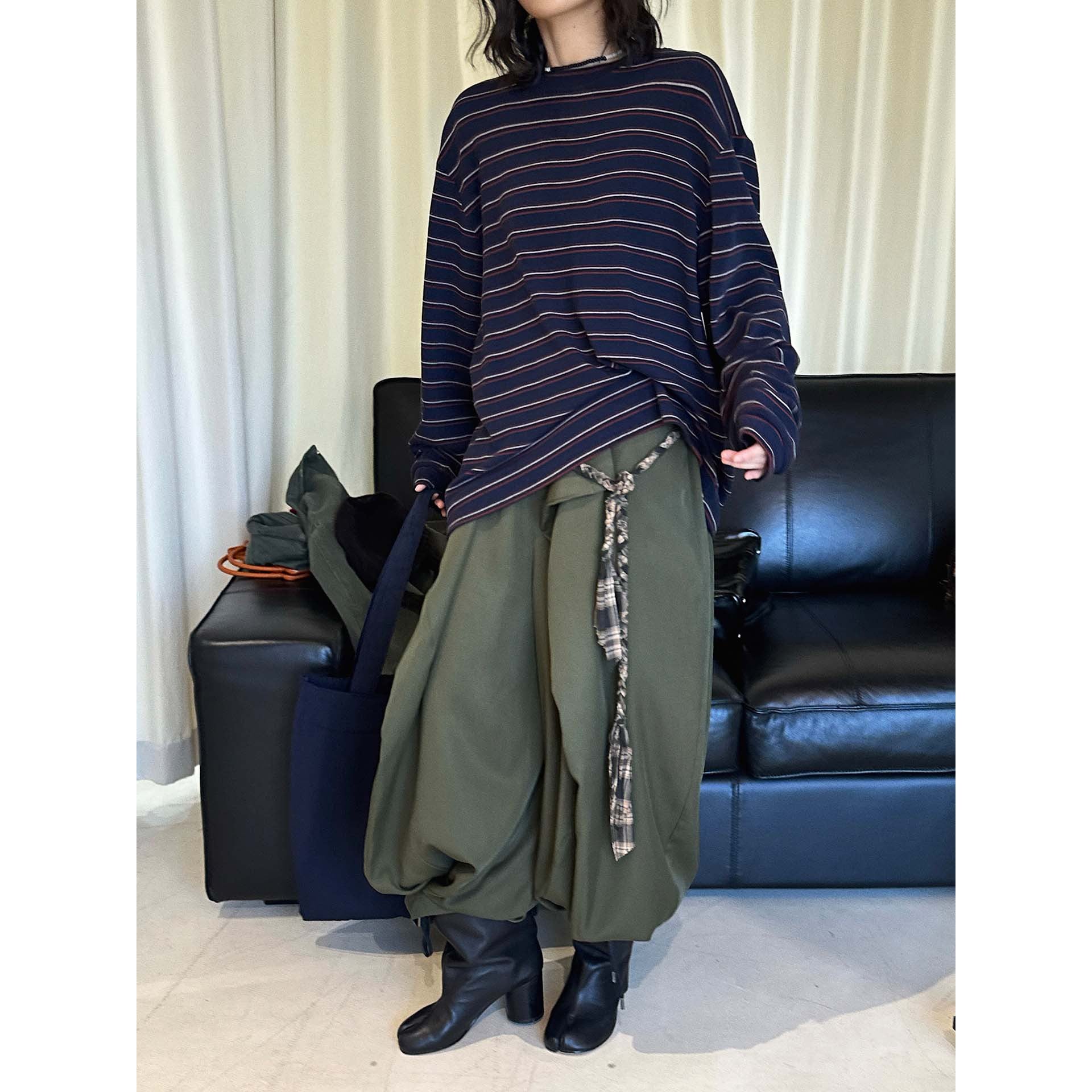 Women Casual Oversized Long Sleeve Shirt with Fine Striped Pattern and Dropped Shoulder Chichicherry