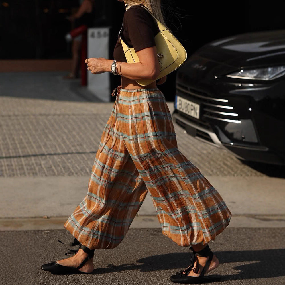 Women wide plaid harem pants with elastic waistband, drawstring & gathered ankle cuffs Chichicherry
