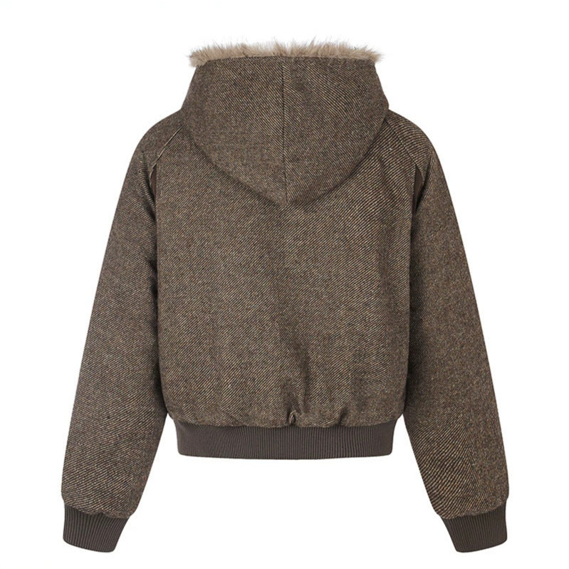 Women's hooded bomber jacket with faux fur lining, asymmetrical multi-button placket, and ribbed hem Chichicherry