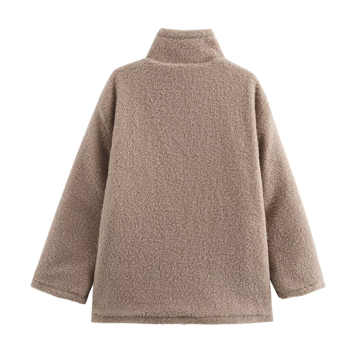 Women Teddy Fleece Jacket with Stand-Up Collar, Zipper and Contrast Stripes Chichicherry