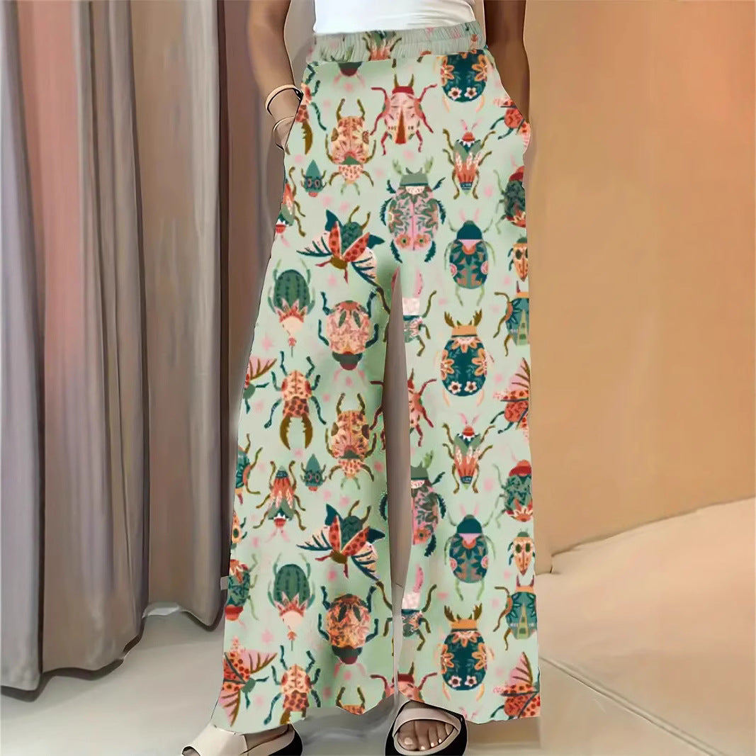 Women's Wide Palazzo Pants with Elastic Waistband and Eye-catching Beetle Print Chichicherry