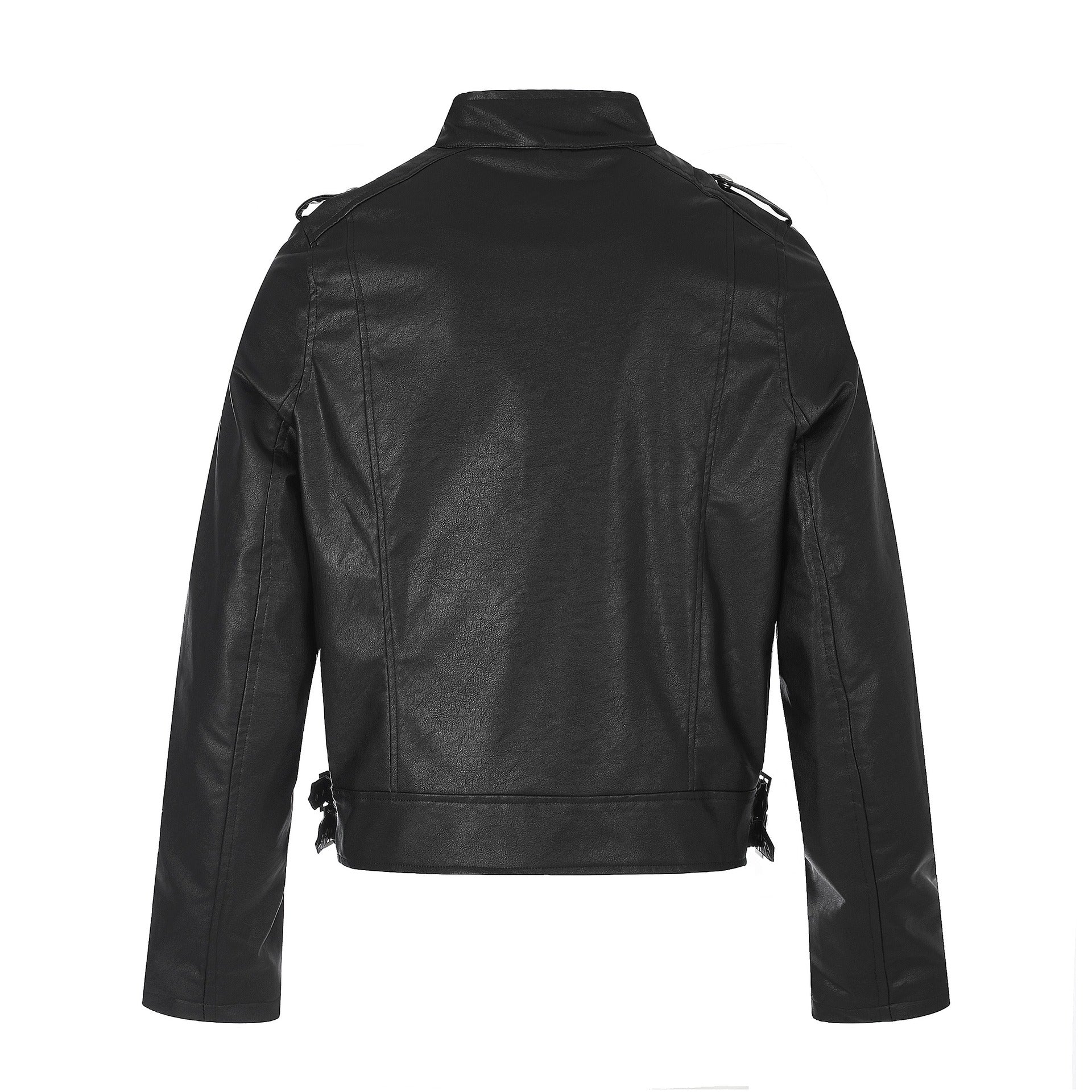 Men's biker leather jacket in military style with studs, stand-up collar and waist belt Chichicherry