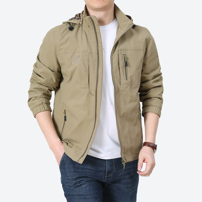 Men's Windproof Microfiber Utility Jacket with Hood and Multiple Zipper Pockets Chichicherry