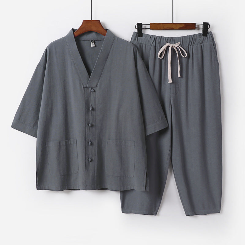Unisex Lightweight Kimono Lounge Set made of Cotton-Linen with Short Sleeve Jacket and Drawstring Pants Chichicherry