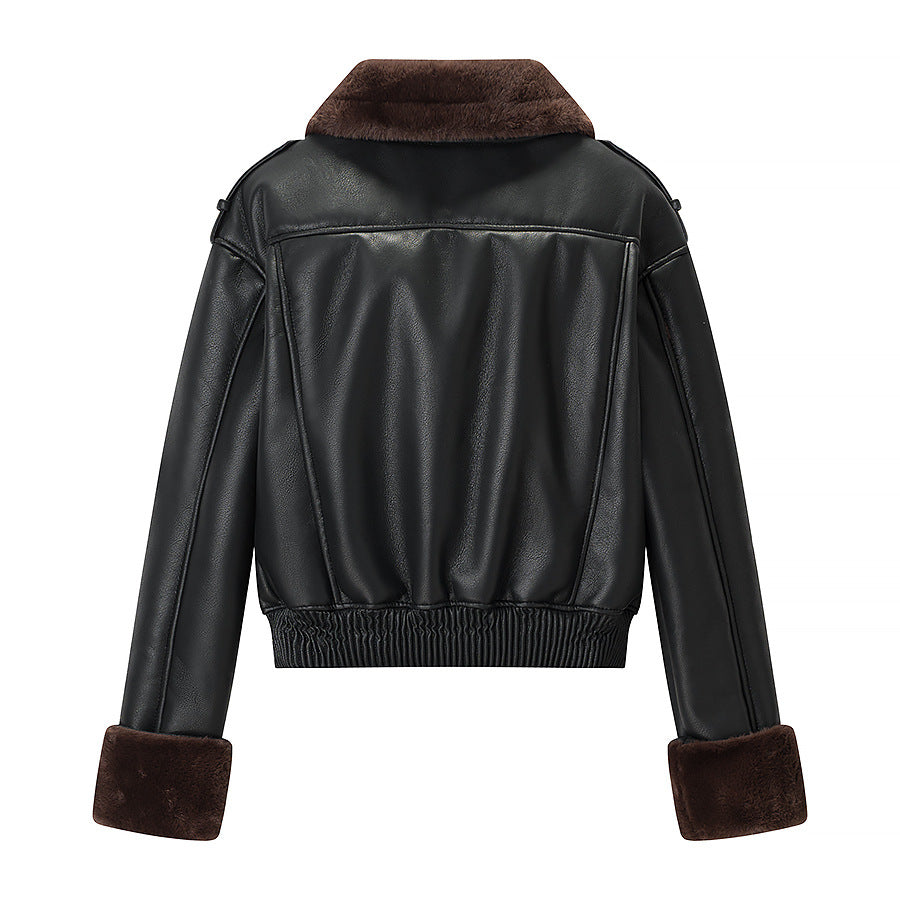 Women's Short Cut Bomber Jacket made of Faux Leather with Teddy Lining, Notched Collar and Rollable Cuffs Chichicherry
