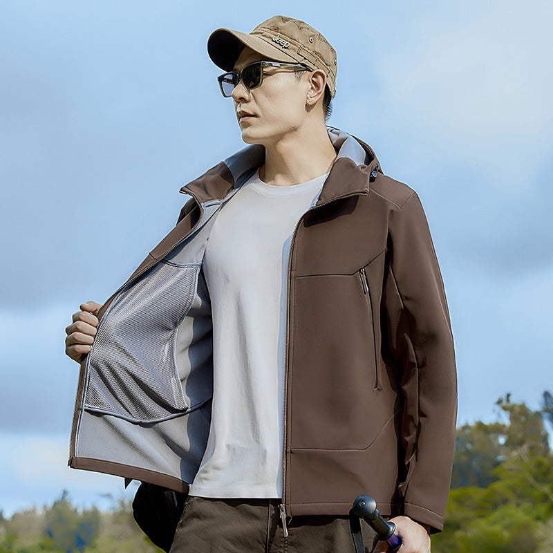 Men's softshell functional jacket with high thermal collar, hood and water-resistant zippers Chichicherry