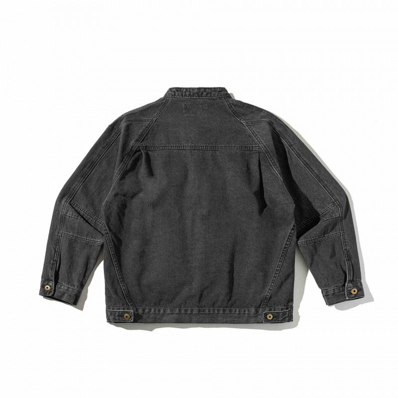 Unisex Boxige Denim Jacket in Worker Look with Stand Collar, Raglan Sleeves and Chest Welt Pocket Chichicherry