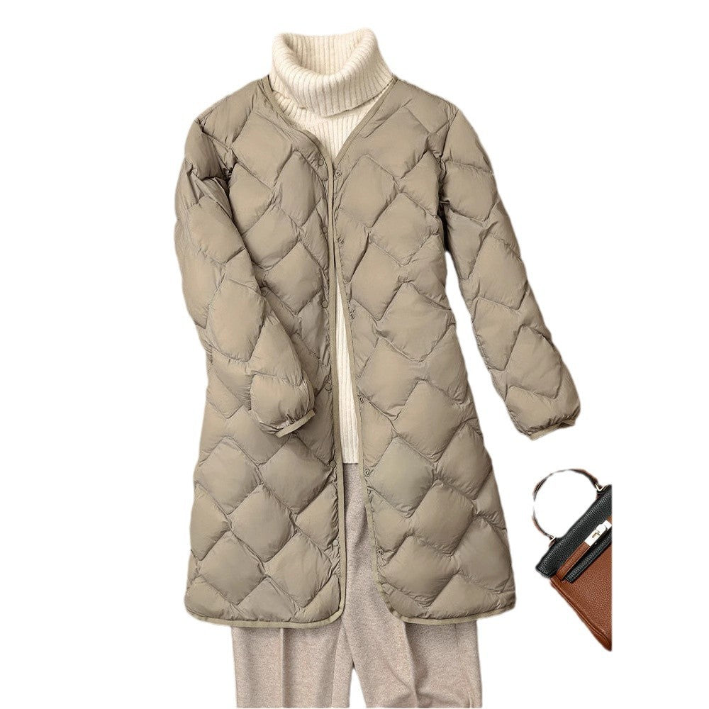 Women's Elegant Long Coat in Quilted Down Look with Diamond Quilting and Concealed Snap Button Placket Chichicherry
