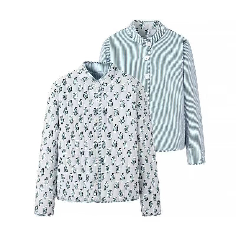 Ladies Lightweight Cotton Blouse with Standing Collar, Full Button Placket and Allover Print Chichicherry