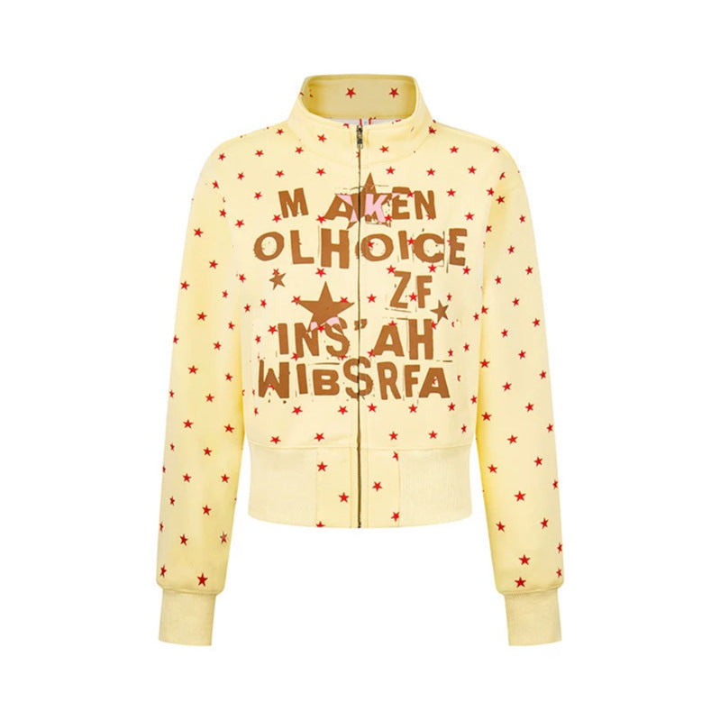 Women's Short Zipper Sweat Jacket with Stand-Up Collar, Allover Star Print and Statement Front Print Chichicherry