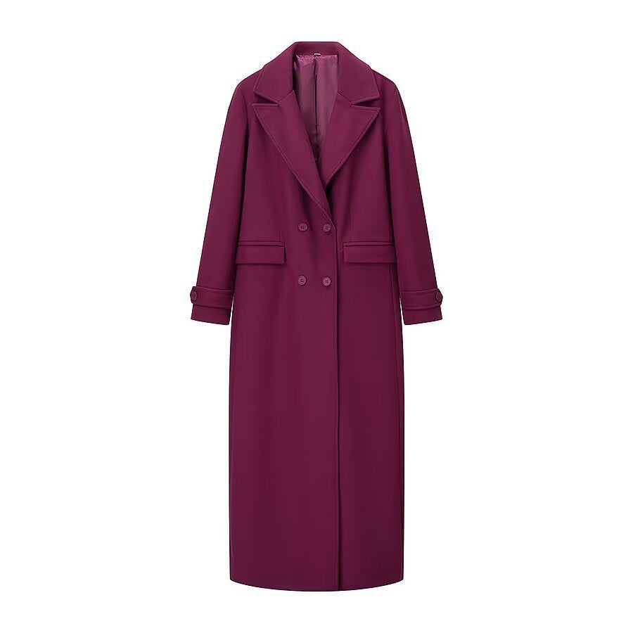 Women's Maxilength Double-Breasted Coat with Oversized Lapels and Sleeve Straps Chichicherry