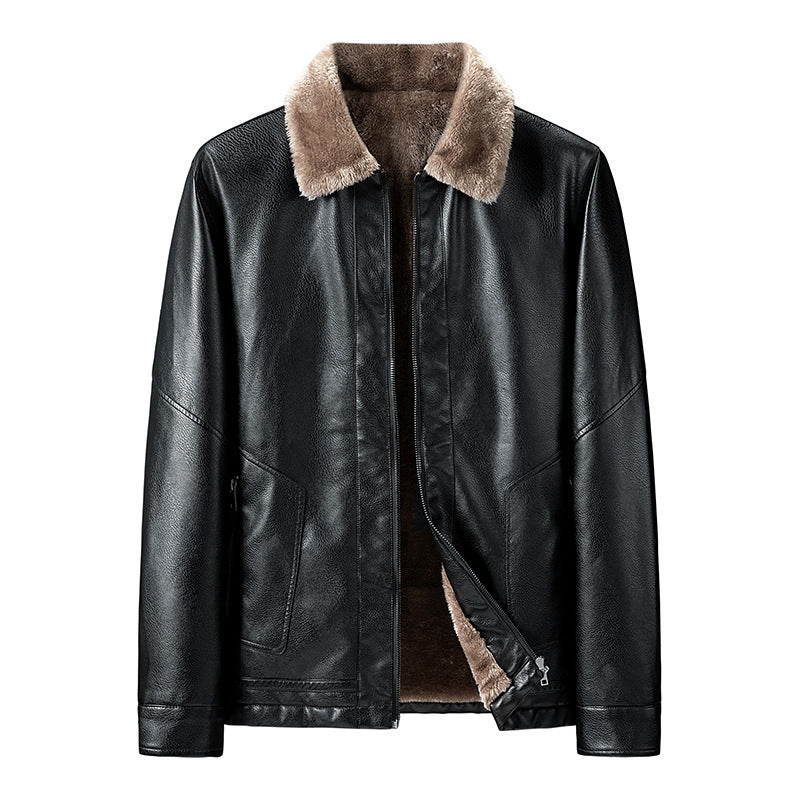Men's Faux Leather Pilot Jacket with Teddy Collar and Zipper Chichicherry