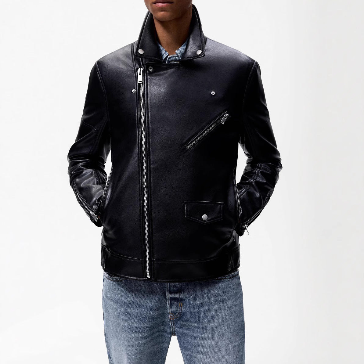 Men's biker jacket made of smooth leather with asymmetrical zipper and distinctive seam design Chichicherry