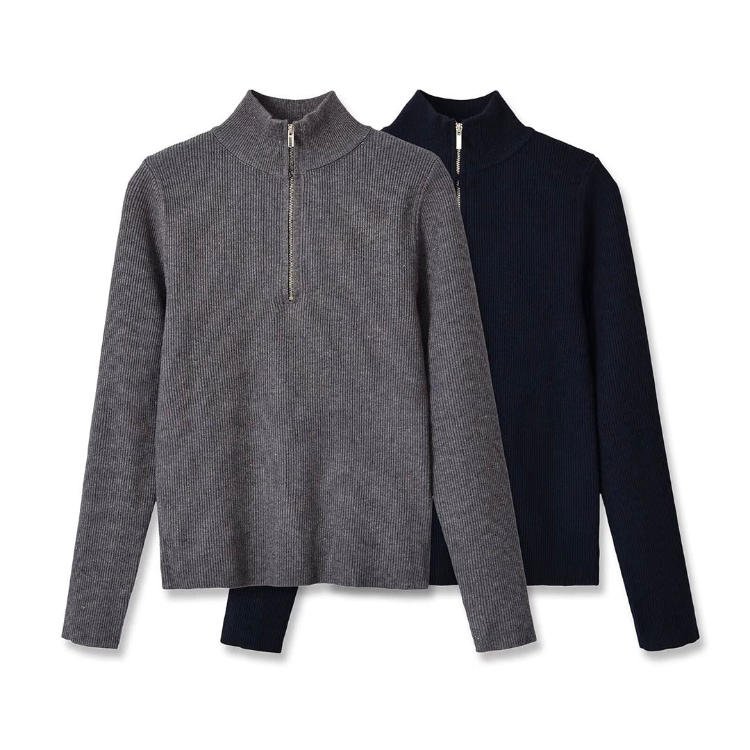 Women's Ribbed Half-Zip Knit Sweater with Stand Collar Chichicherry