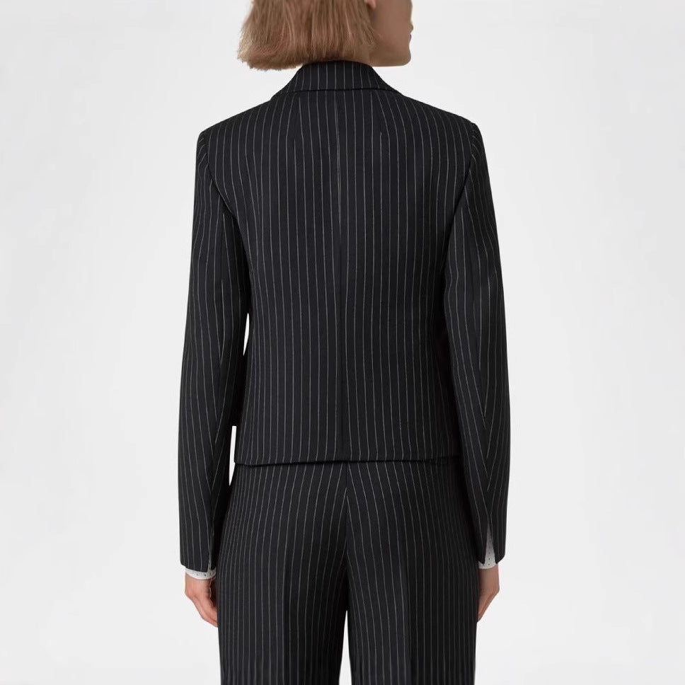 Women's Two-Piece Pinstripe Suit with Tailored Short Blazer and Wide Palazzo Pants Chichicherry