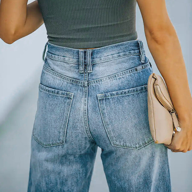 Women's High-Waisted Loose Straight-Leg Jeans with Destroyed Details Chichicherry