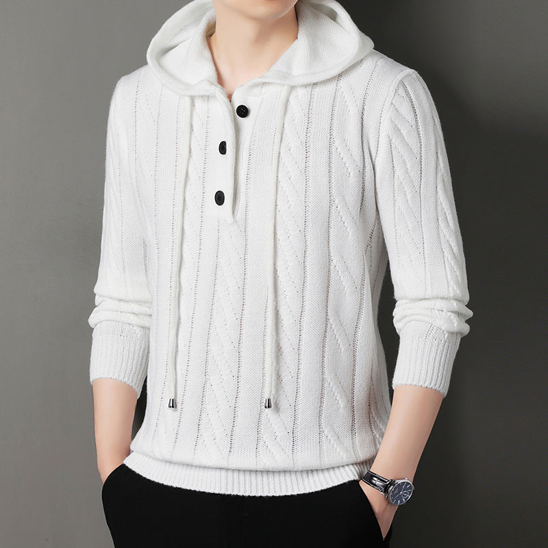 Men's fine knit hoodie with cable pattern, half placket and drawstring Chichicherry