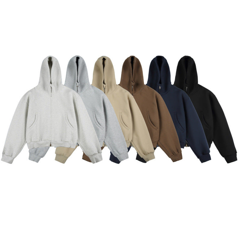[Unisex] Short Boxy Hoodie with Continuous Zipper and Inserted Side Pockets Chichicherry