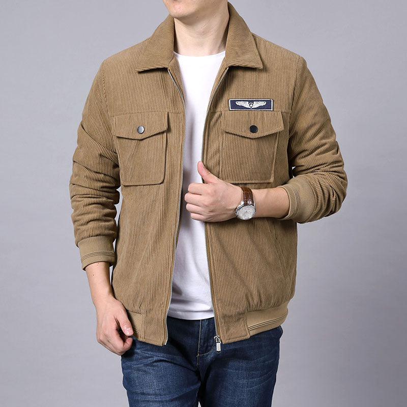 Men's cord work jacket in shirt jacket look with chest flap pockets and zipper Chichicherry