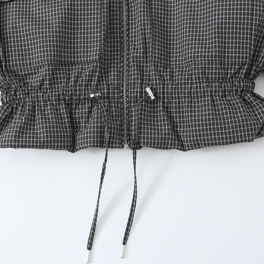 Women’s short jacket in checkered utility bomber with high stand collar and drawstring waist Chichicherry
