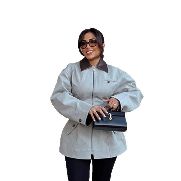 Women's Oversize Jacket in Leather Look with Contrasting Shirt Collar and Zipper Chichicherry