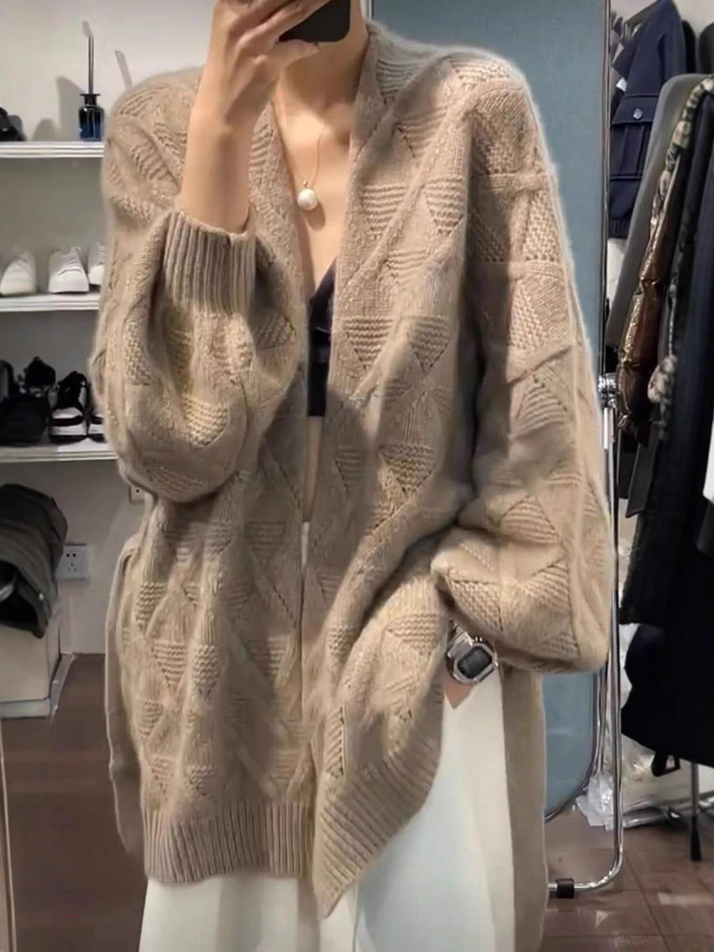 Women's Oversized Cardigan in Mohair Look with Cable Pattern Chichicherry