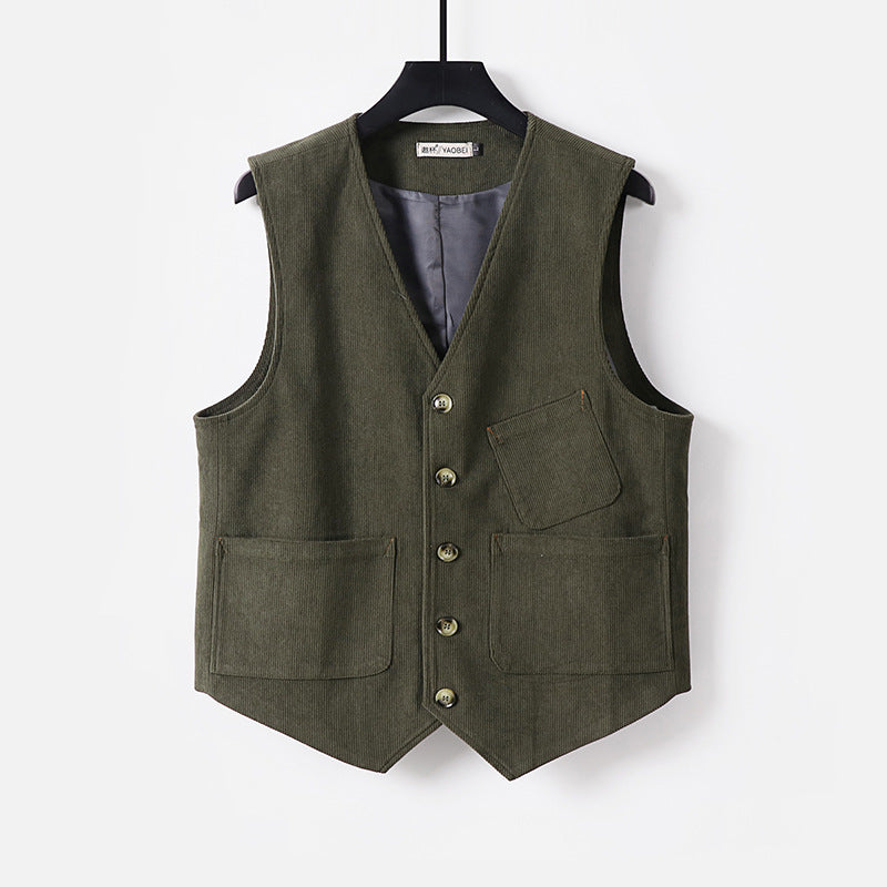 Men's cord waistcoat with V-neck, lightly padded and with patch pockets Chichicherry