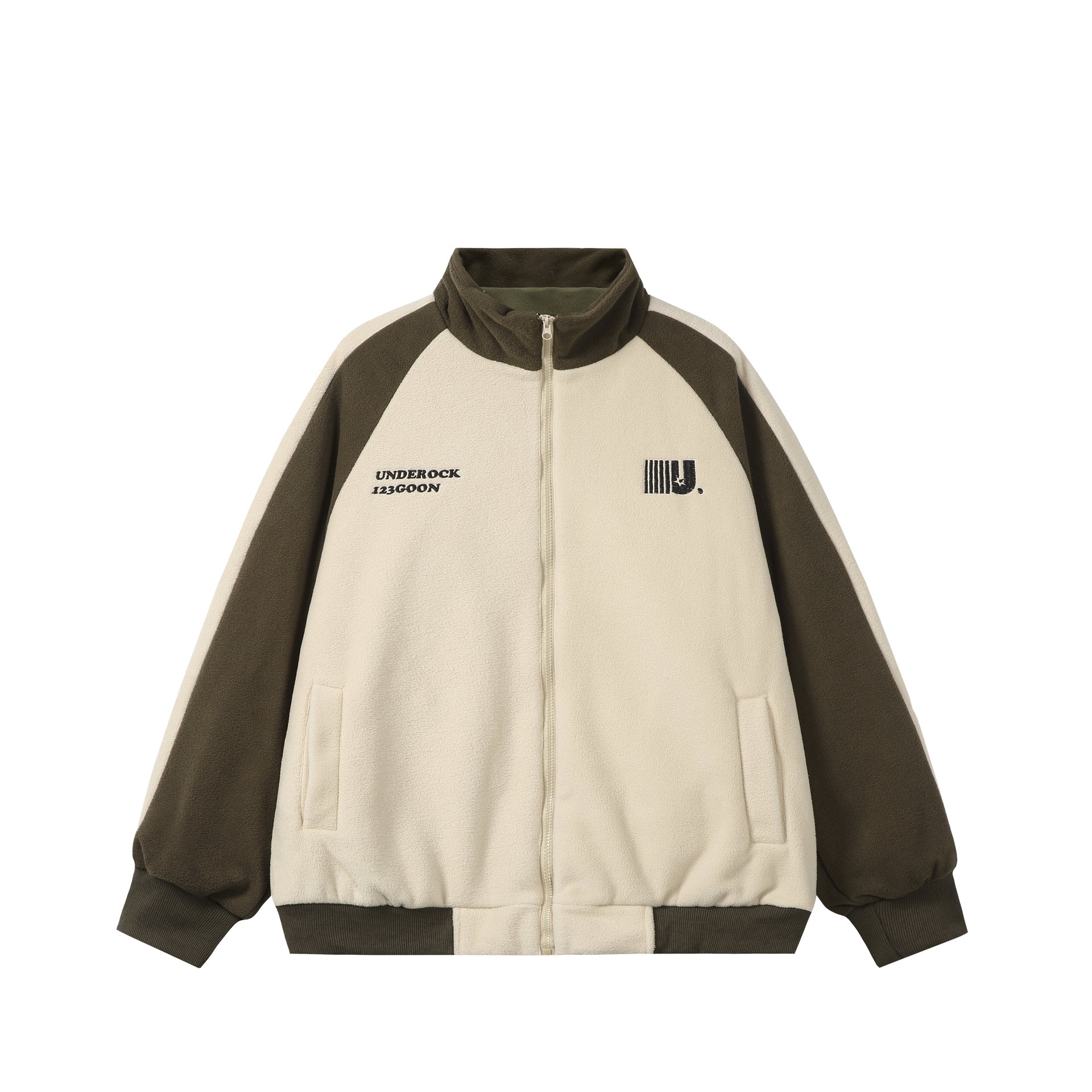 Unisex Boxy Fleece Jacket with Front Zipper, Stand Collar and Flap Pockets Chichicherry