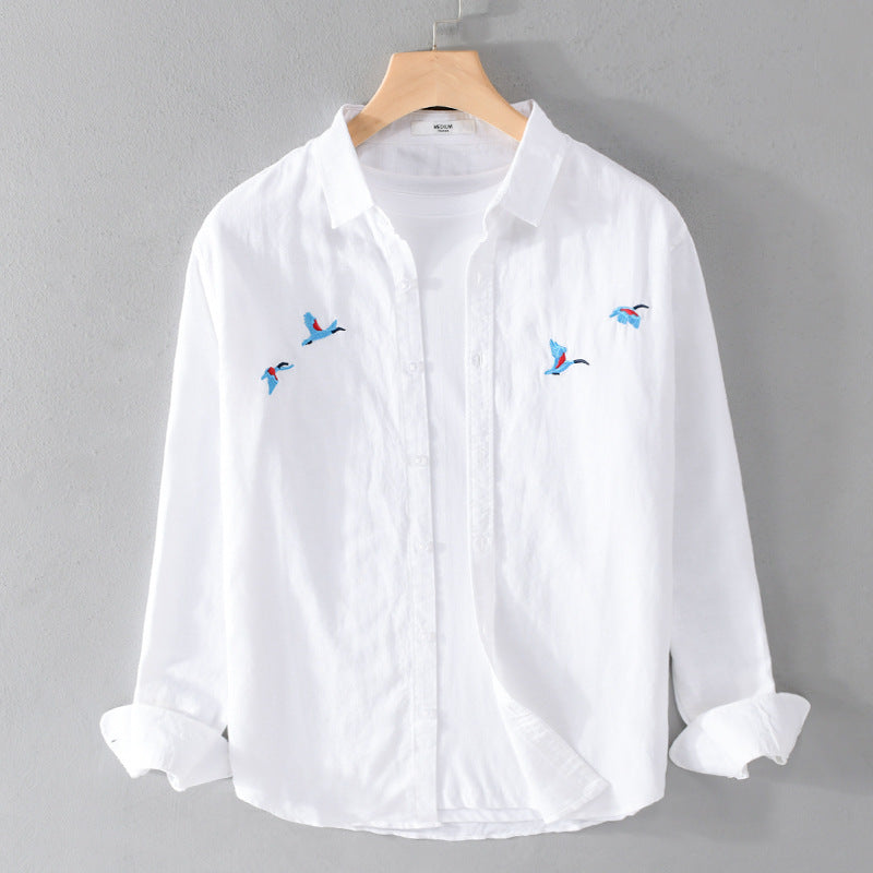 Men's Lightweight Linen Shirt with Fine Bird Embroidery and Relaxed Fit Chichicherry