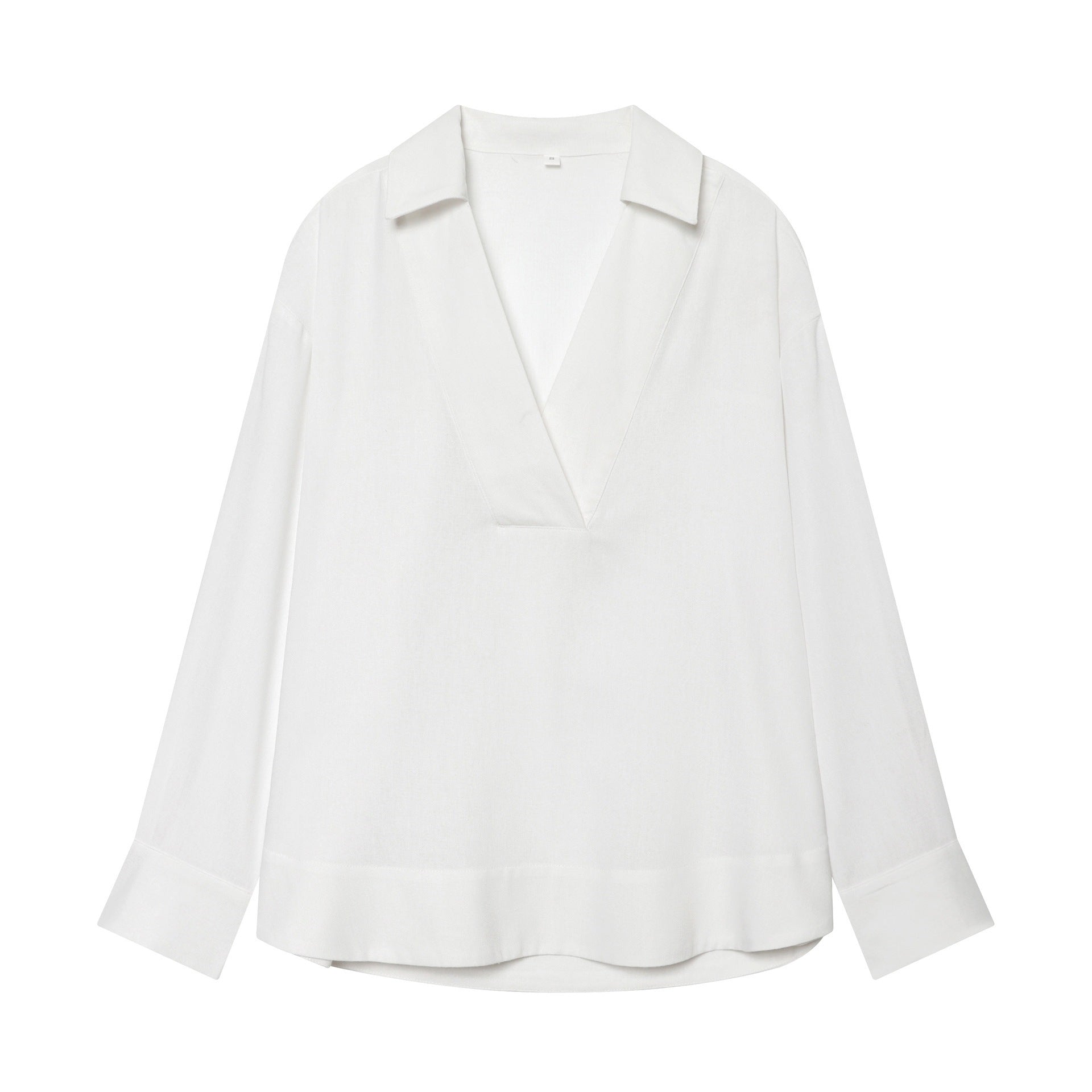 Women's loosely falling linen-look blouse with V-neck, shirt collar, and cuffed sleeves Chichicherry