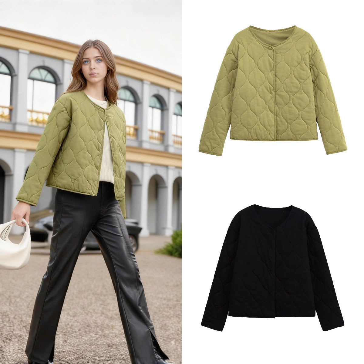 Ladies Quilted Short Jacket in Oversized Cut with Round Neck and Wave Stitching Chichicherry