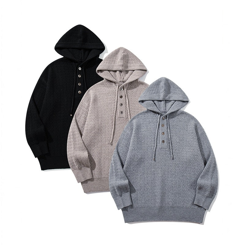 Unisex Structured Hooded Knit Sweater with Henley Button Placket Chichicherry