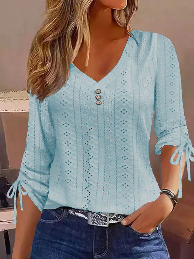 Ladies' openwork blouse with V-neck, decorative button placket and tie sleeves Chichicherry