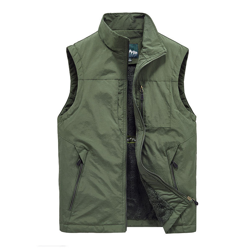 Men's Quilted Fleece-Lined Outdoor Vest with Stand-Up Collar and Zipper Pockets Chichicherry