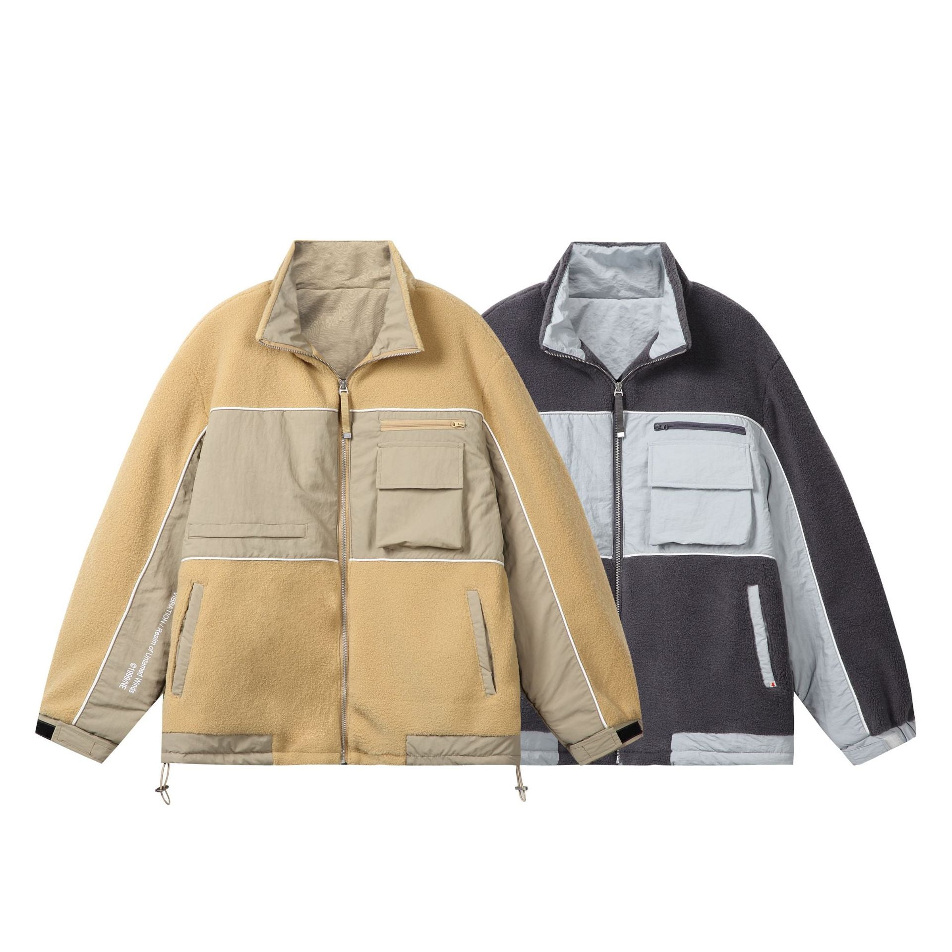 Unisex Oversize Fleece Field Jacket with Nylon Panels, High Stand-Up Collar and Drawstring Chichicherry