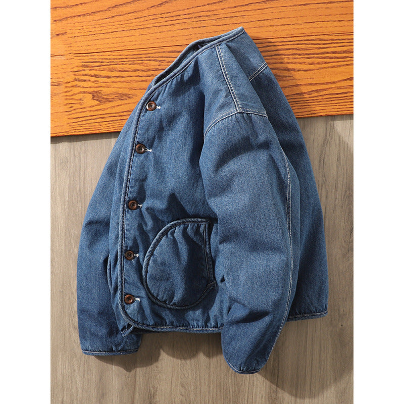 Herren Gefütterte Denim-Utility-Jacke ohne Kragen mit Knopfverschluss und runden Pattentaschen Chichicherry