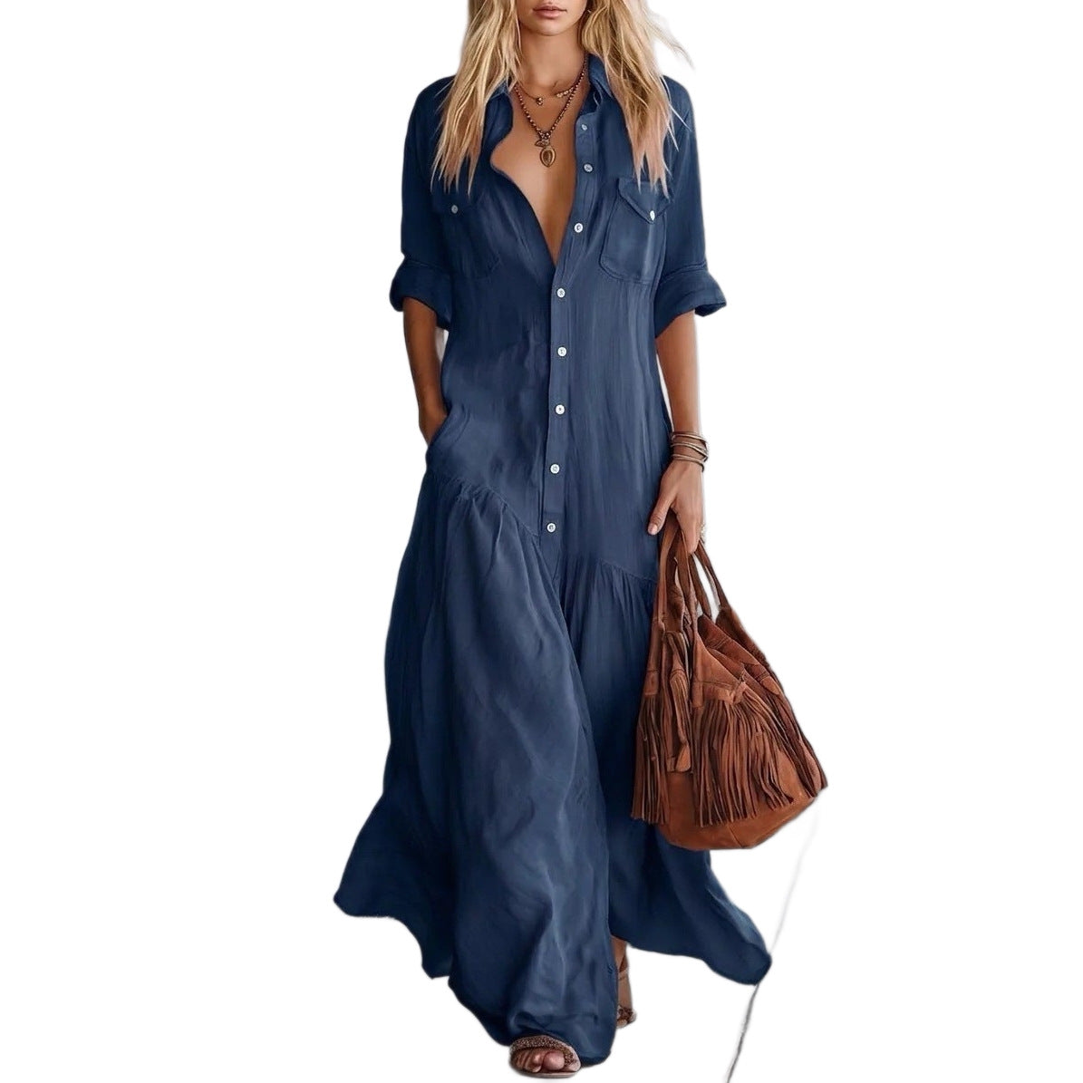 Damen Langes fließendes Hemdblusen-Maxikleid mit Knopfleiste, aufgesetzten Brusttaschen und seitlichen Eingrifftaschen Chichicherry