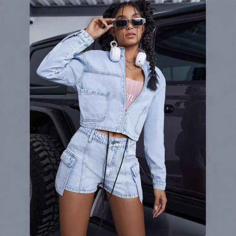 Women's short denim set with cropped jacket and cargo shorts Chichicherry