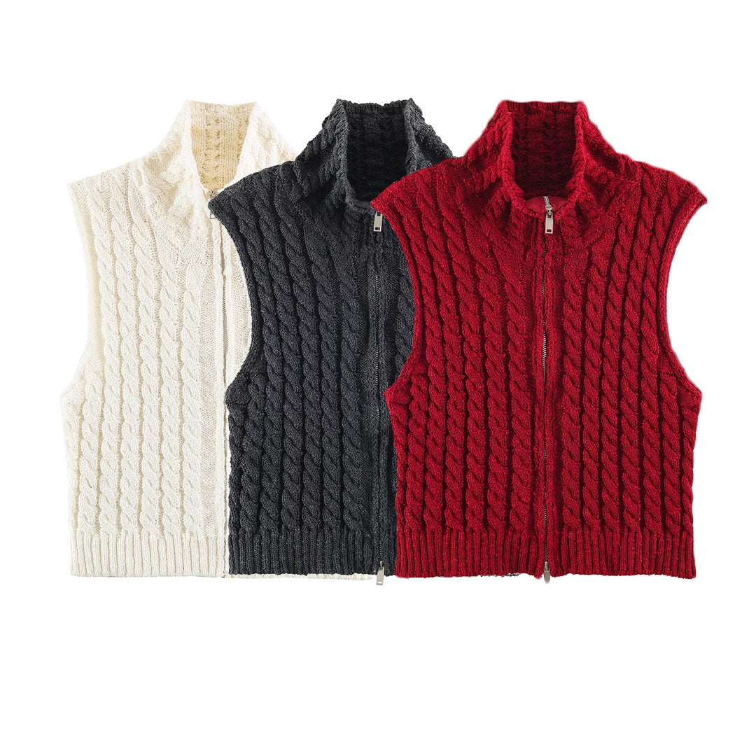 Women Sleeveless Cable Knit Vest with Stand-Up Collar and Full Zipper Chichicherry