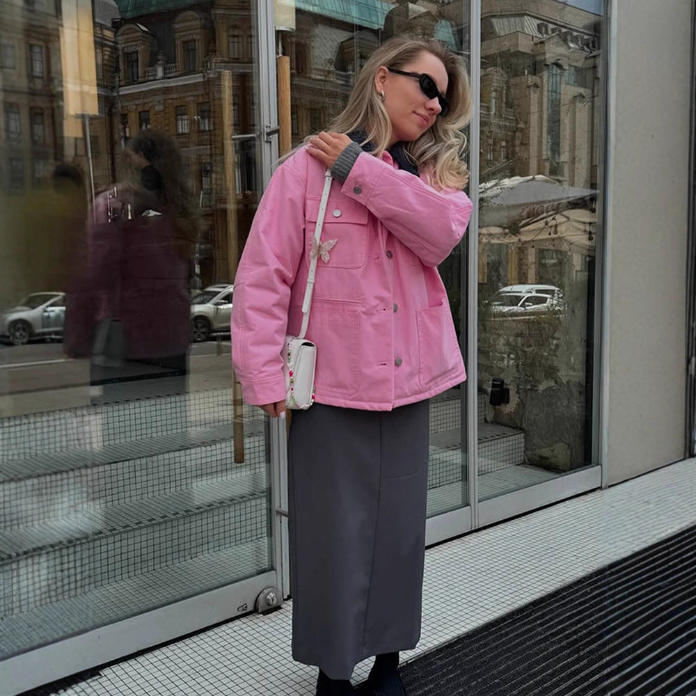 Women's Boxy Overshirt Jacket with Patch Pockets & Metal Button Placket Chichicherry